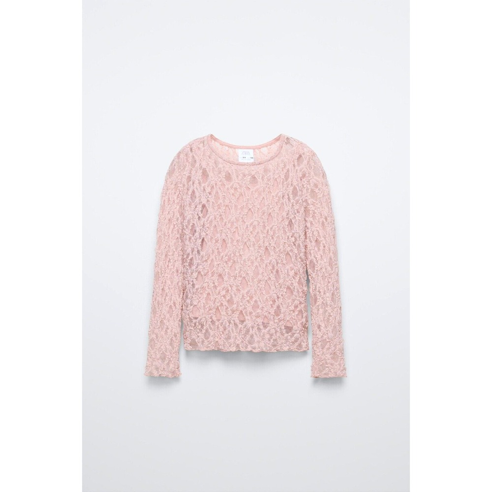 Zara Girls Lace Top Size 6/7 Pink Long Sleeve Sheer Overlay NWT Cotton Lined